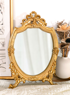 创意欧式复古法式文艺家居装饰摆件金色雕花摆台化妆镜子浴室装饰