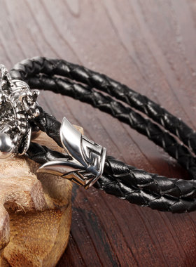 复古风黑色牛皮龙头钛钢手饰品