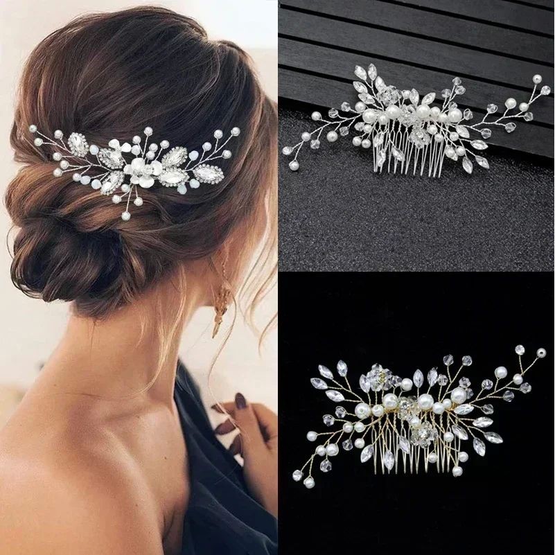 Crystal Pearl Hairpin Hair Vine Tiaras Head Piece Hair Comb - 图3