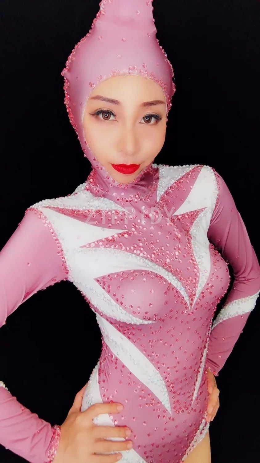 Cute pink White Rhinestone Leotard Women Sexy Stage Dance Co-图3