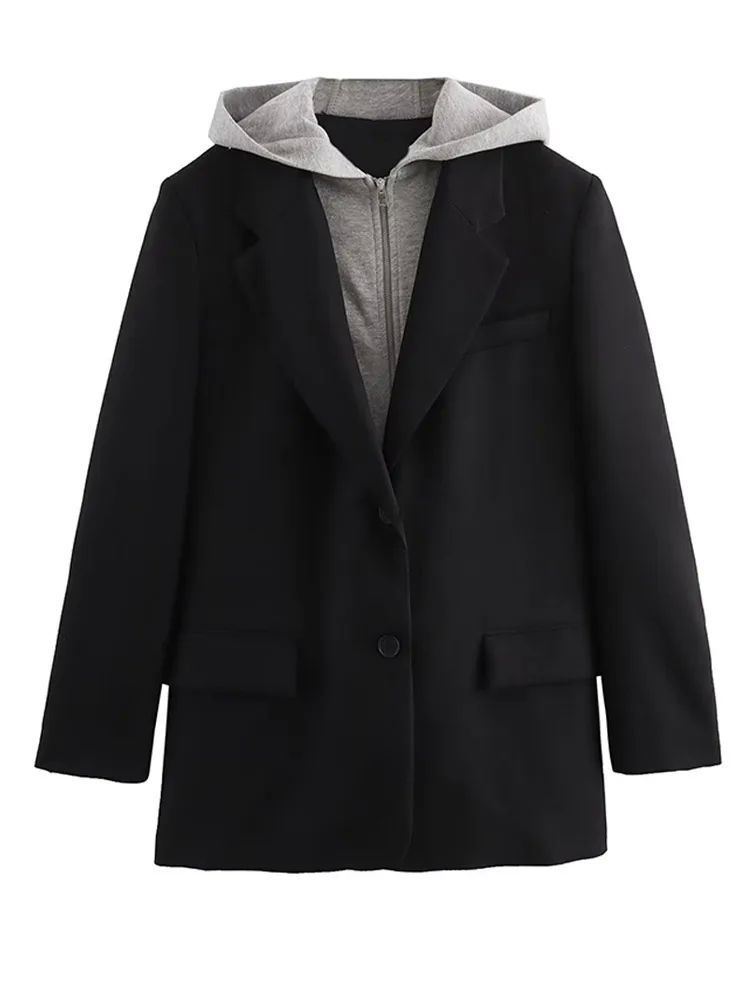 Fashion Casual Flip Hooded Blazer for Women Lapel Single Bre-图1