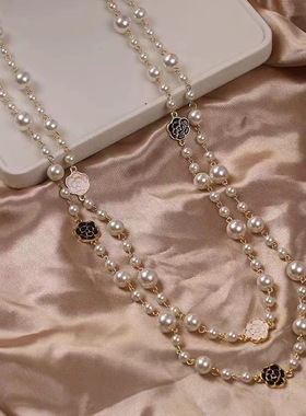 长款毛衣链轻奢高级感双层叠戴秋冬配饰吊坠山茶花珍珠毛衣项链女