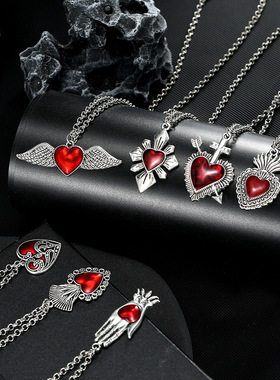 欧美跨境时尚个性哥特式桃心翅膀项链复古创意合金爱心锁骨链配饰