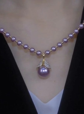 紫色皇冠镶钻珍珠项链女2025年新款轻奢小众港风复古颈链气质配饰