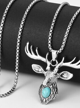 欧美个性复古圣诞麋鹿项链嘻哈一鹿有你吊坠长款毛衣项链配饰挂件