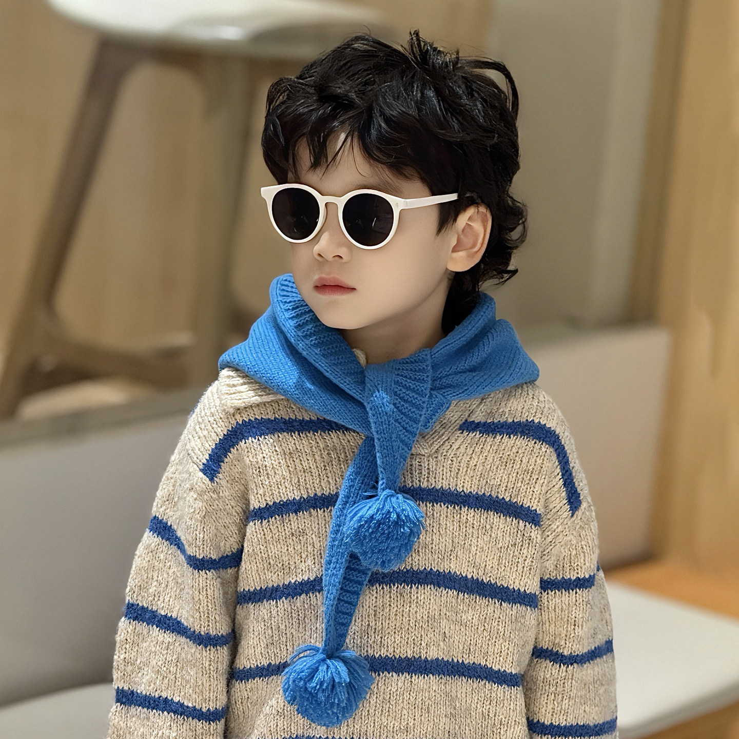 蓝色儿童围巾三角巾2025新款小男孩宝秋冬季护颈保暖围脖防风冬天