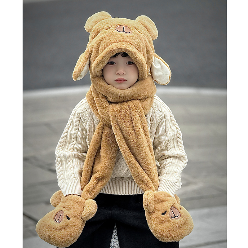 卡皮巴拉帽子围巾一体儿童手套女冬季捏耳朵会动的围脖小男孩冬天 - 图1