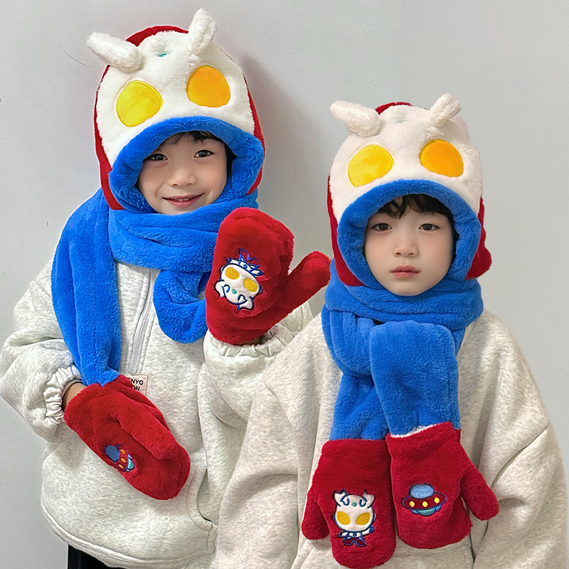 奥特曼帽子儿童围巾一体手套围脖2025新款秋冬季男孩捏耳朵会动的 - 图3