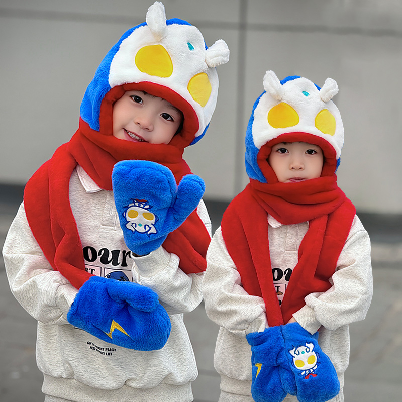 奥特曼帽子儿童围巾一体手套围脖2025新款秋冬季男孩捏耳朵会动的 - 图2