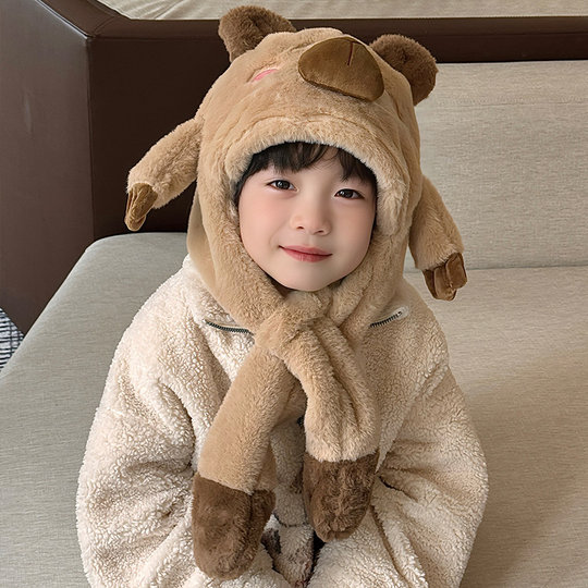 卡皮巴拉帽子围巾一体儿童捏耳朵会动的东北防寒冬季男孩围脖冬天