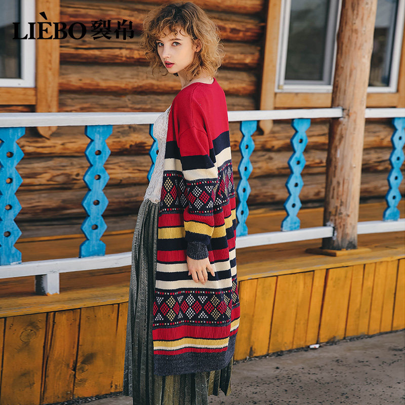 裂帛2018冬季新款条纹提花潮针织衫 裂帛立天毛针织衫