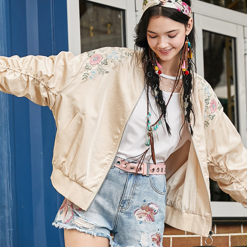 裂帛长袖绣花外套女2019黄色棒球服 裂帛立天短外套