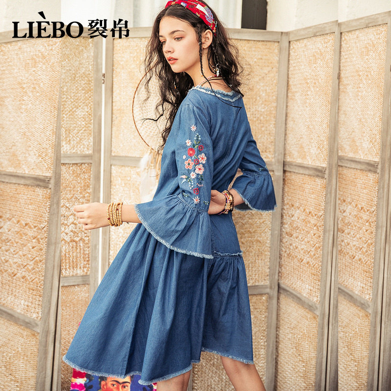 裂帛刺绣牛仔女2020夏装新款连衣裙 裂帛立天连衣裙