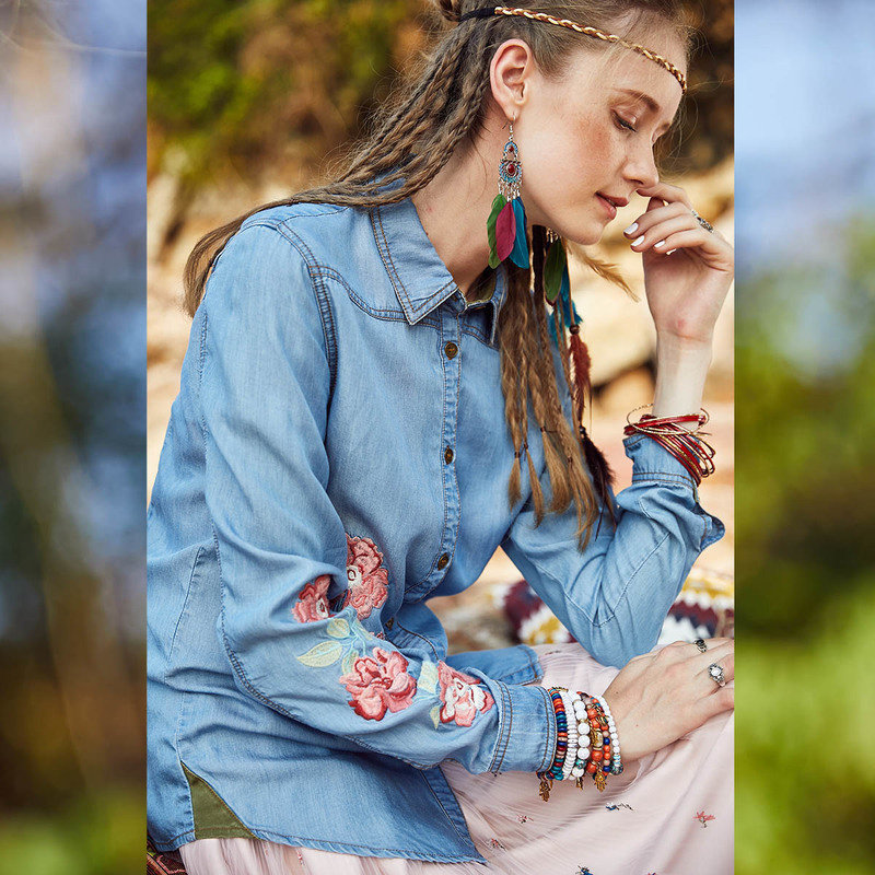 裂帛刺绣牛仔衬衫女2019 裂帛立天衬衫