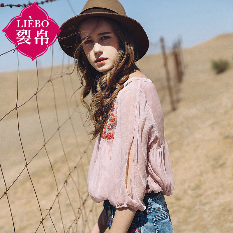 裂帛v领中袖女2019新款夏装雪纺衫 裂帛立天蕾丝衫/雪纺衫