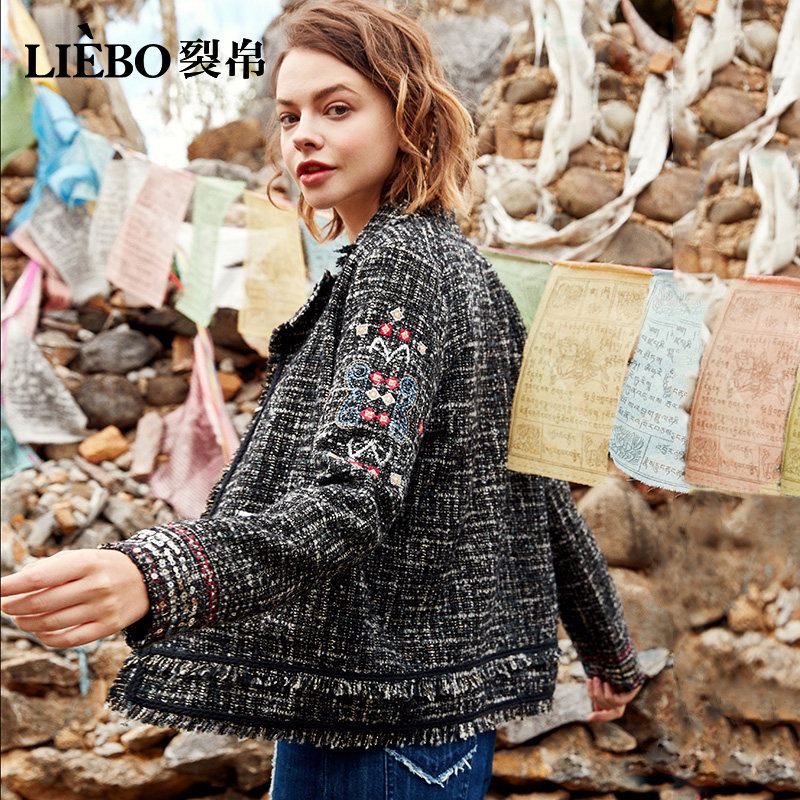 裂帛刺绣短款翻领女冬装毛呢大衣 裂帛立天毛呢外套
