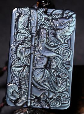 礼物鬼蓝眼冰彩黑曜石关公吊坠 男士项链武财神关二爷关羽礼物