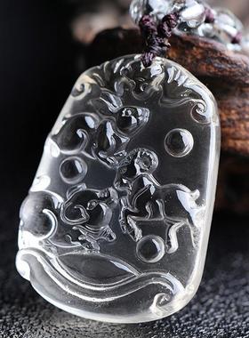 天然白水晶三合吊坠猪兔羊狗虎马蛇鸡牛猴鼠龙生肖项链钥匙扣饰品