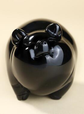 天然黑曜石小猪摆件黑色水晶石雕生肖猪摆设家居吉祥物玉石装饰品