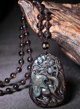礼物蓝眼冰彩黑曜石飞天貔貅吊坠貔貅皮休项链男女节日礼物