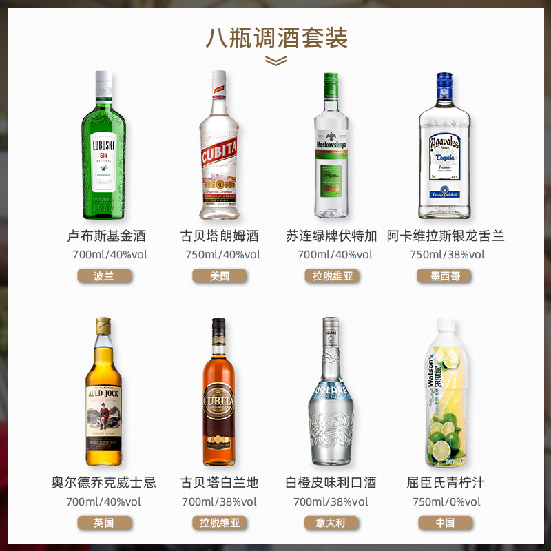 六大鸡尾酒基酒套装调酒洋酒白兰地威士忌伏特加朗姆金酒龙舌兰酒-图2