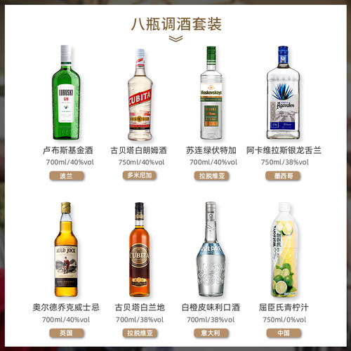 原装进口洋酒六大基酒长岛冰茶鸡尾酒调酒基酒组合套装龙舌兰金酒 - 图2