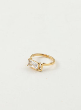 欧美时尚新款长方形镶锆石钛钢镀18K金戒指指环中指食指百搭个性