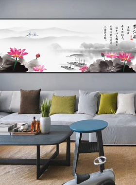 沙发背景墙卧室荷花床头画新中式
