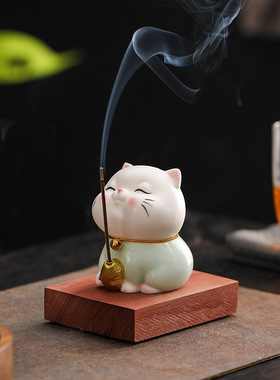陶瓷可爱小猫咪线香插摆件创意茶桌桌面香薰装饰品招财猫家用摆设