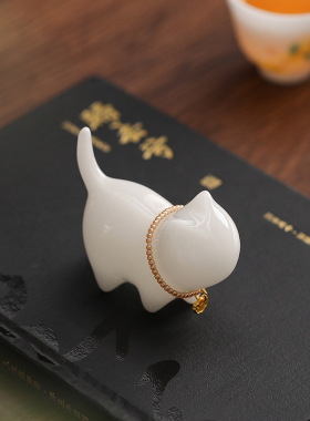 冰种玉瓷小猫咪创意陶瓷摆件茶宠呆萌可爱室桌面茶具配件茶玩装饰