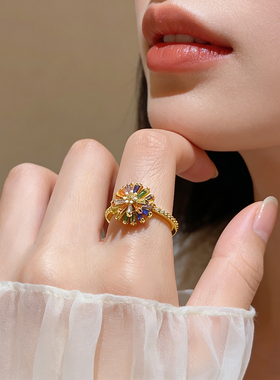 彩色锆石花朵戒指女可调节食指戒