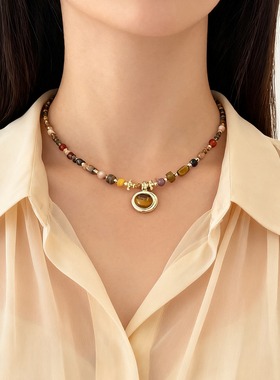 虎眼石项链女复古锁骨链