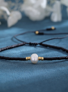 MLGM黑色miyuki玻璃米珠珍珠小小手链 个性复古风可调节大小手串