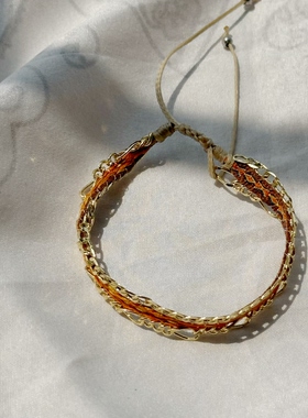 MLGM新款套装民族复古风棕色系织带手链珍珠手饰叠戴套装细手串女