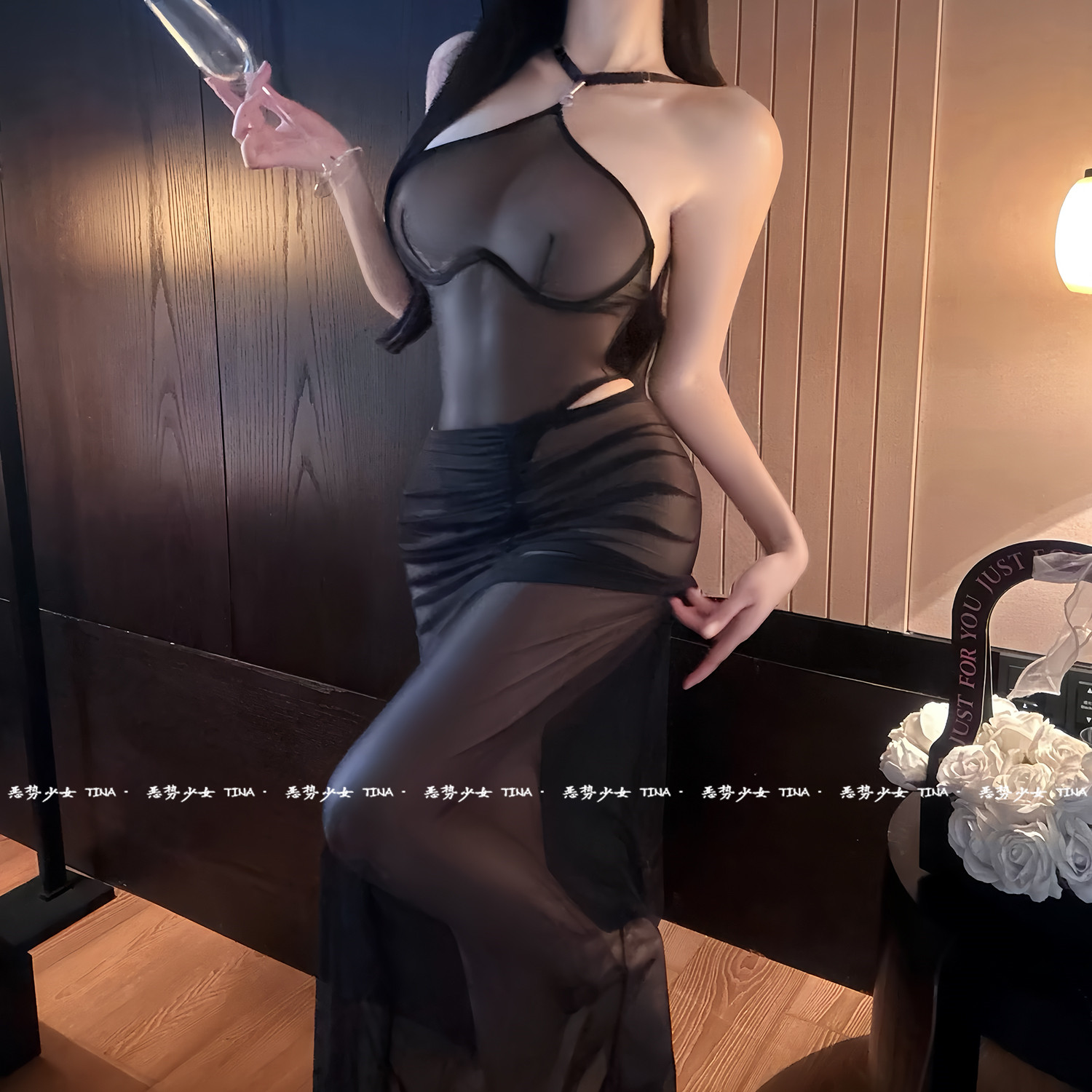 一览无余！新款黑色网纱透视长裙性感提拉挂脖连体衣配塑身薄纱裙,淘宝优惠券,粉丝福利购,淘宝优惠卷