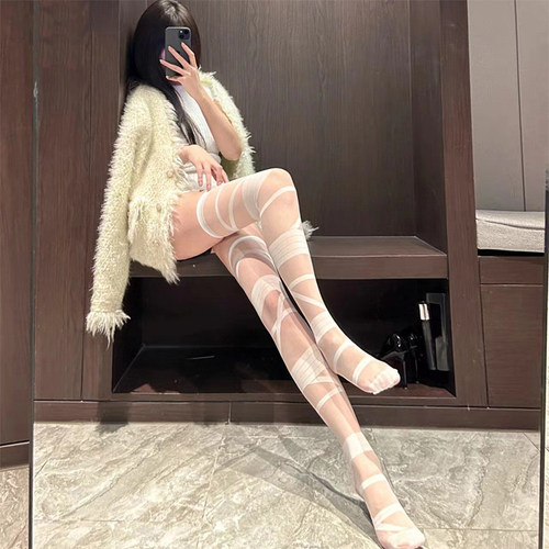 千禧风白色纯欲绷带丝袜洛丽塔亚文化长筒绑带堆堆过膝袜y2k白丝 - 图1