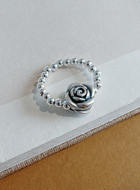 足银999玫瑰花珠珠戒指手工立体双面图案花开富贵复古做旧工艺
