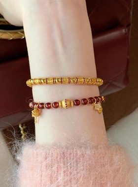 v金版本真金电镀六字真言路路通镶钻圆珠手链复古民族风弹力手链