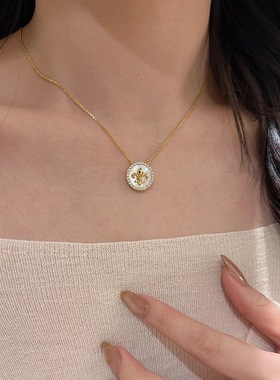 v金材质不掉色圆牌白贝母鸢尾花项链镶嵌锆石时尚高级感锁骨链