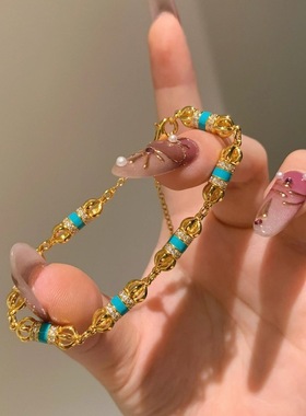 v金材质不掉色绿松石六字箴言手链金刚杵国潮古法拼接个性手饰