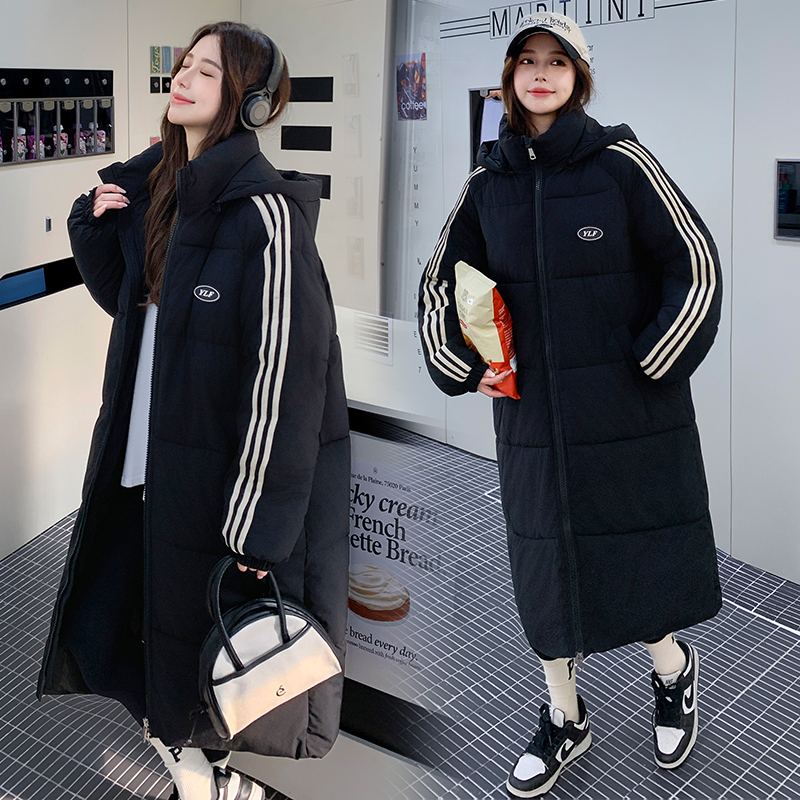 黑色三条杠棉服女2025冬季新款大学生长款女士时尚棉衣棉袄外套潮 - 图1