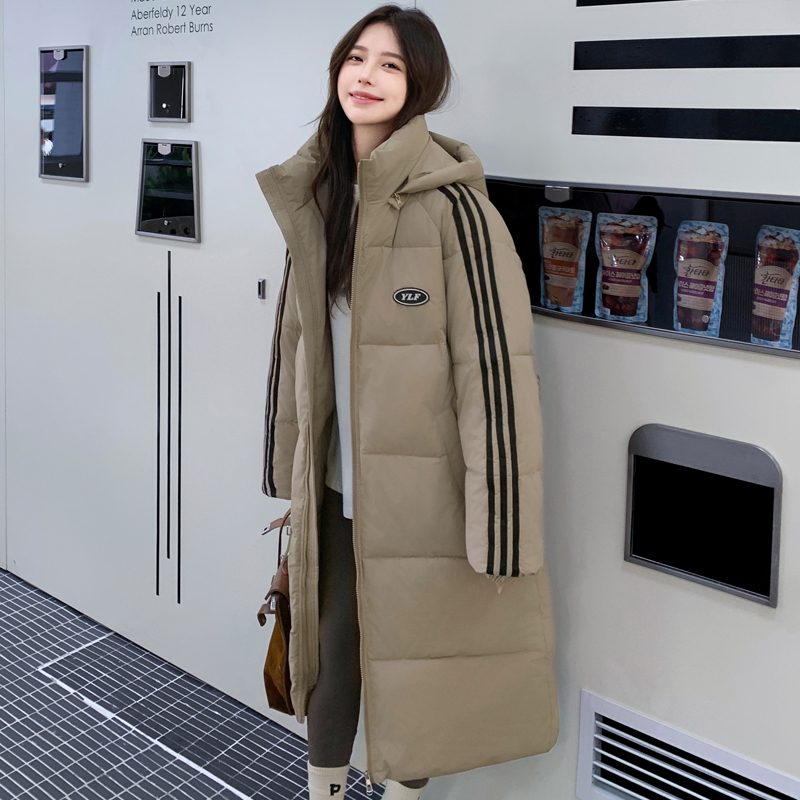 黑色三条杠棉服女2025冬季新款大学生长款女士时尚棉衣棉袄外套潮 - 图3