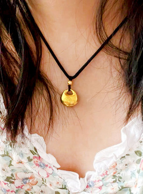 沙金小金坨吊坠祥云福锁项链黑绳