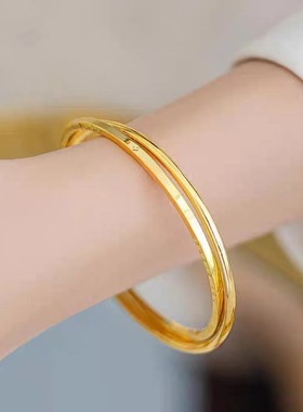 环环相扣黄金色双环字母手镯女古法传承手环精致古法沙金素圈镯子