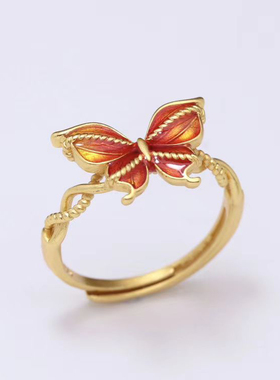 古法沙金珐琅拉丝蝴蝶戒指女轻奢小众设计感高级食指戒送女友礼物