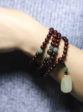 设计小叶紫檀手串中国风复古女手链长款木制文玩编织饰品