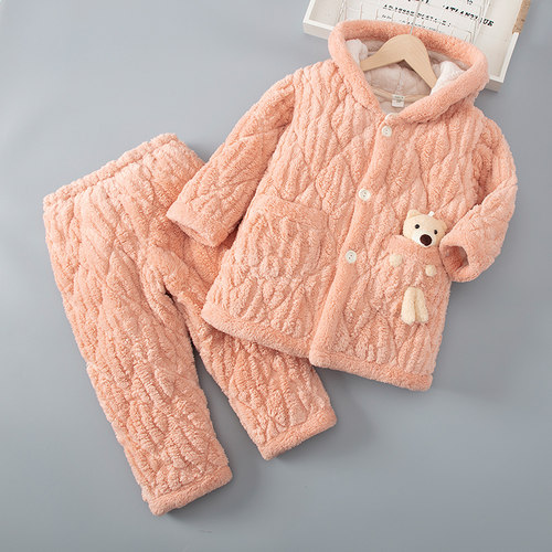 秋冬款三层夹棉儿童珊瑚绒睡衣女童男童加厚家居服宝宝加绒套装 - 图0