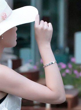 9999纯银手镯开口爱心英文字母足银手环时尚简约银镯子送女友礼物