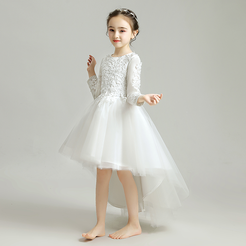 女童公主裙蓬蓬纱小女孩花童婚纱儿童晚礼服白色长袖纱裙洋气高端 - 图2