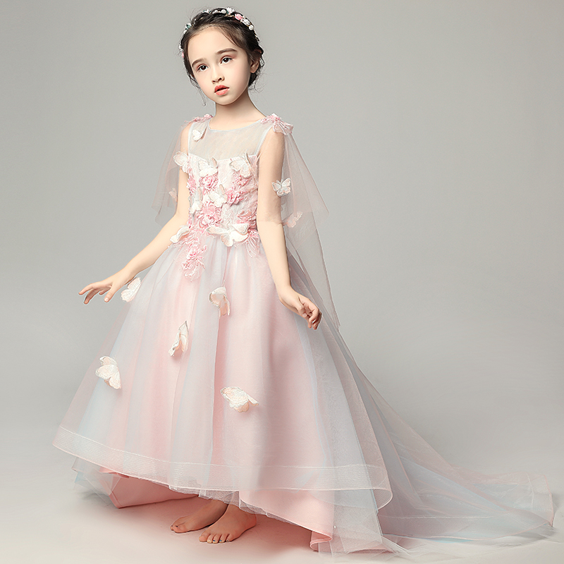 儿童公主裙女童粉色拖尾婚纱演出服 歌宴尔儿童礼服